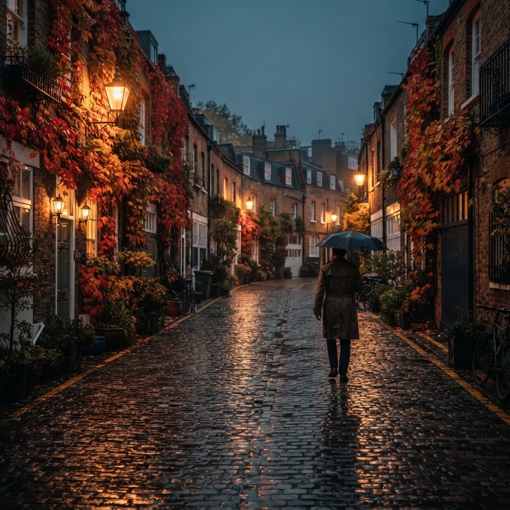 The atmospheric, rain-kissed streets of a London mews in autumn.