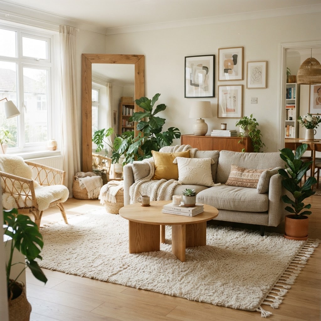 A leaning mirror and area rug add style to a rental without wall damage.