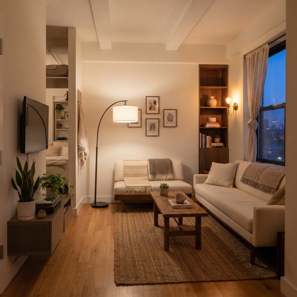 Layered lighting creates a welcoming atmosphere in compact studios.