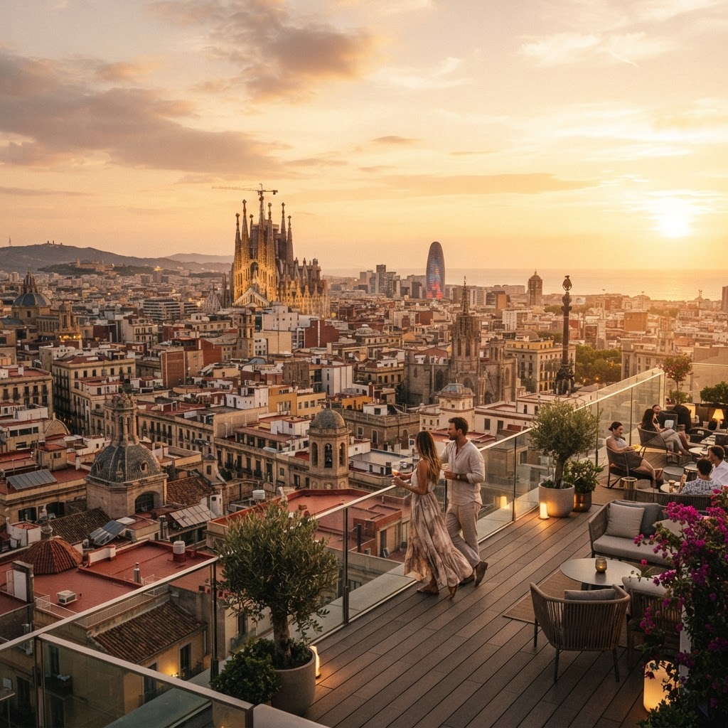 A breathtaking sunset view across the rooftops of central Barcelona.
