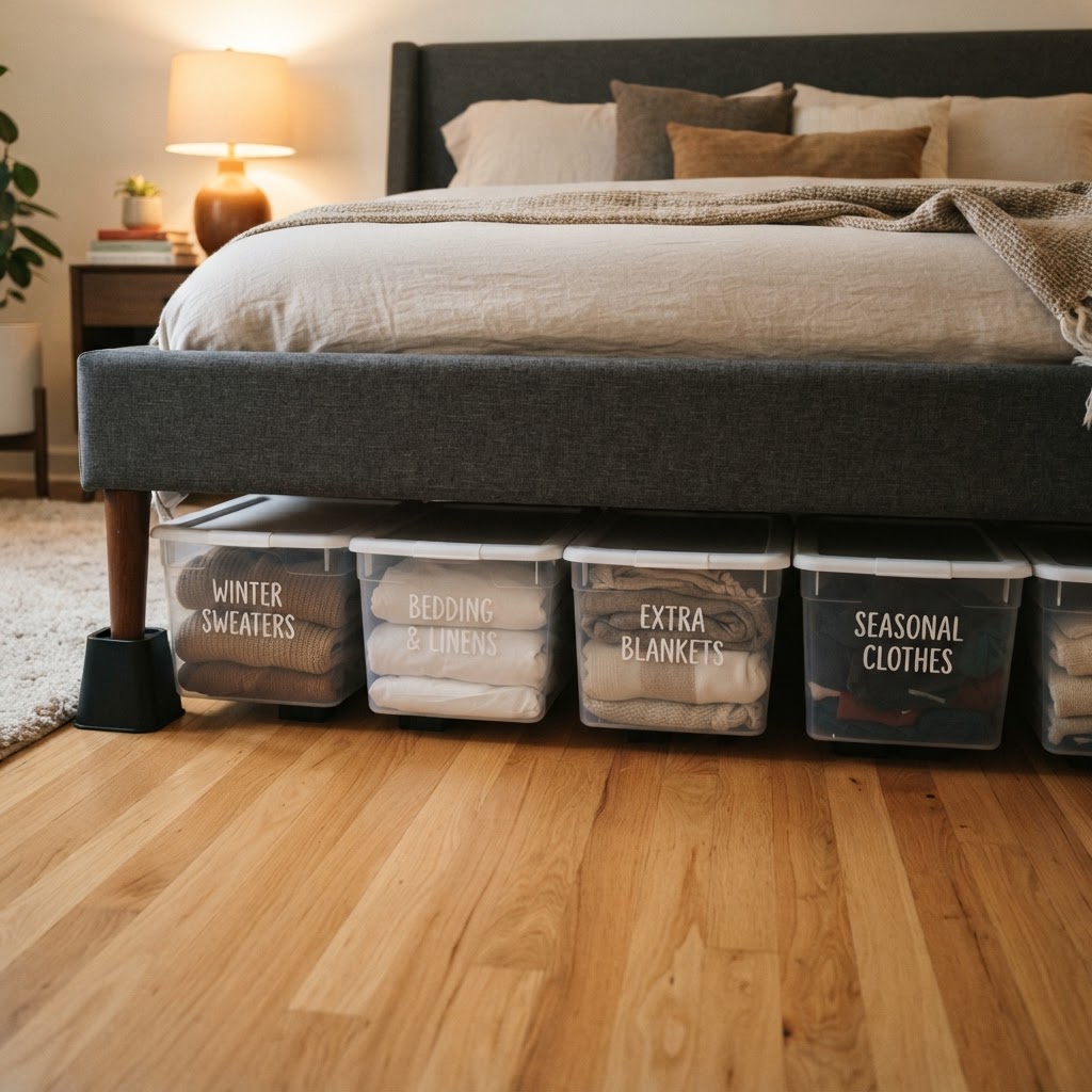Under-bed bins turn wasted space into a hidden pantry or wardrobe.