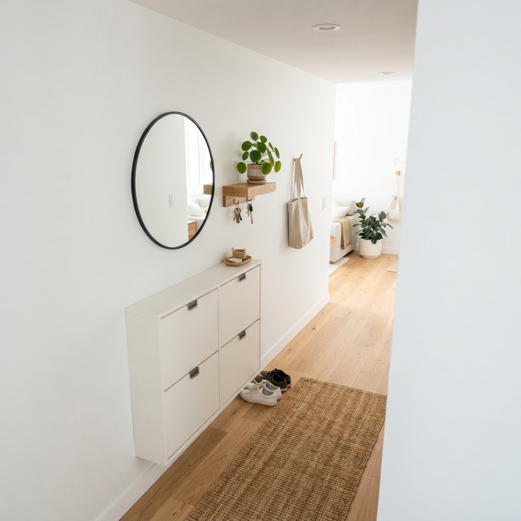 A slim-profile shoe cabinet maximizes space in this modern condo entryway.