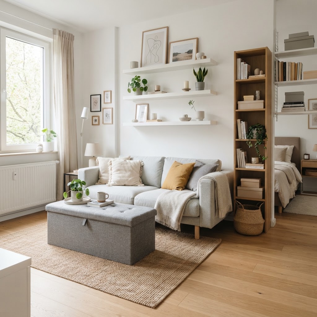 Storage ottomans are essential for hiding clutter in small living areas.