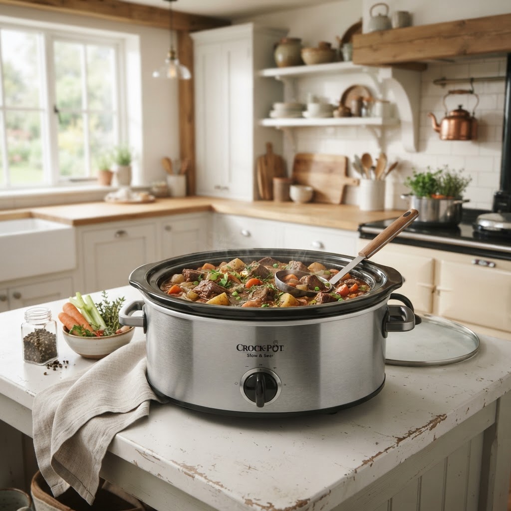 A perfectly cooked batch of slow cooker beef stew ready to be served.