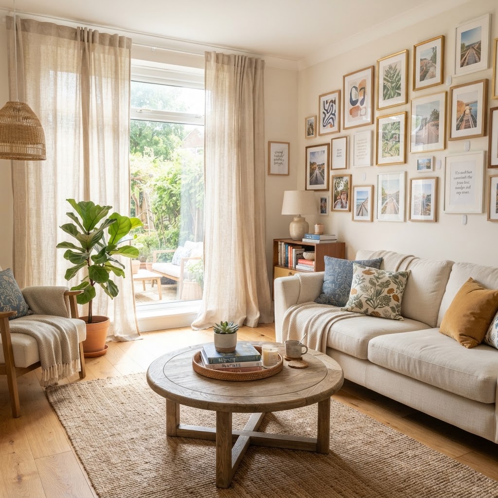 Curtains and gallery walls create a professional, polished look.