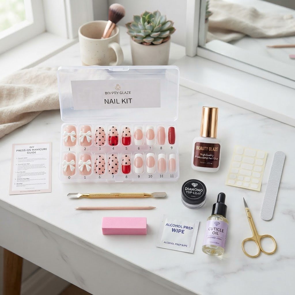 Essential supplies for creating a perfect DIY press-on manicure at home.