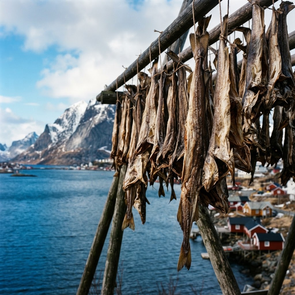 Stockfish drying in the fresh, crisp Arctic air.