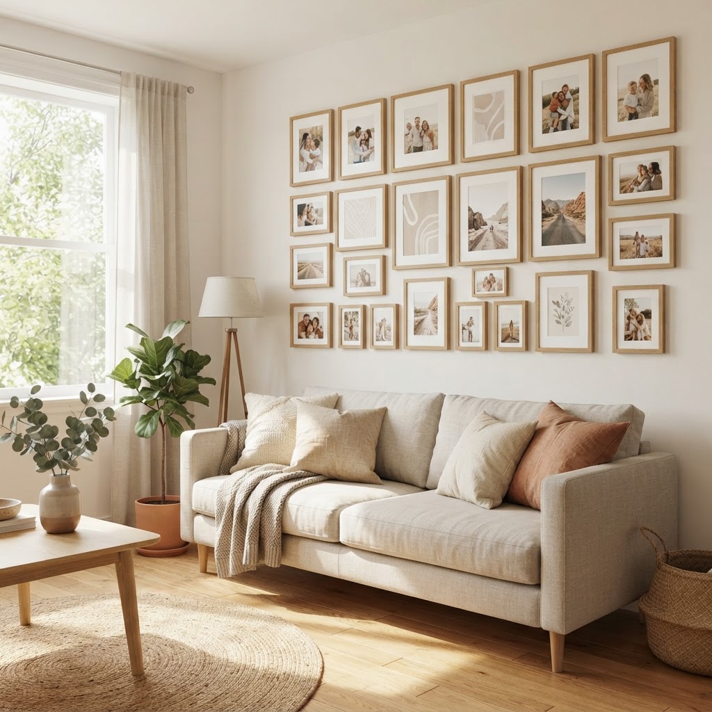 A beautifully curated gallery wall achieved without a single nail.
