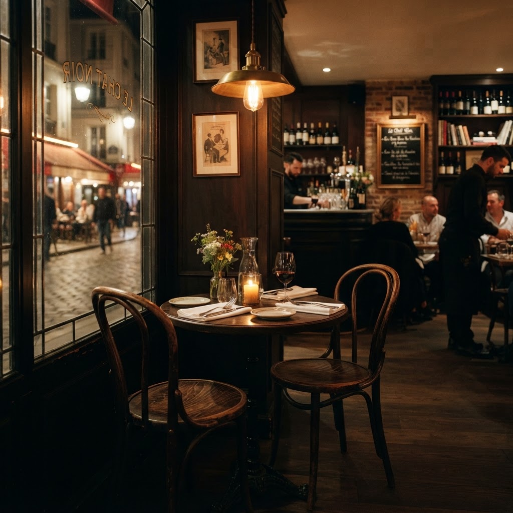 Intimate dining space inspired by classic European bistro design.