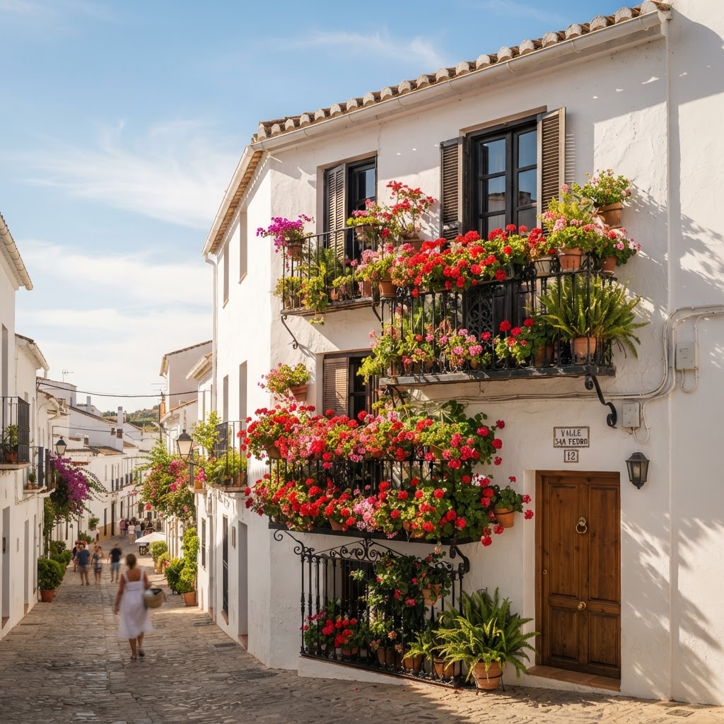 The classic Andalusian balcony adorned with red geraniums.