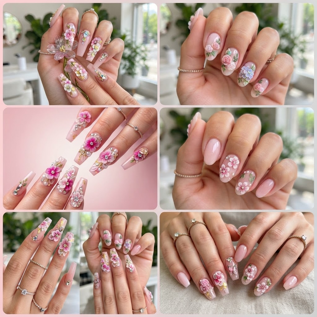 Trending 3d floral and pink nail art inspiration.
