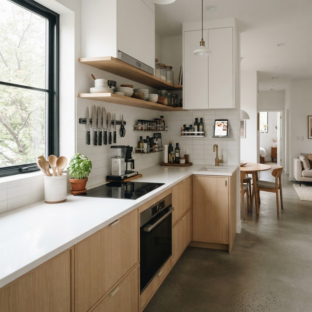 A decluttered, modern kitchen that utilizes vertical wall storage effectively.