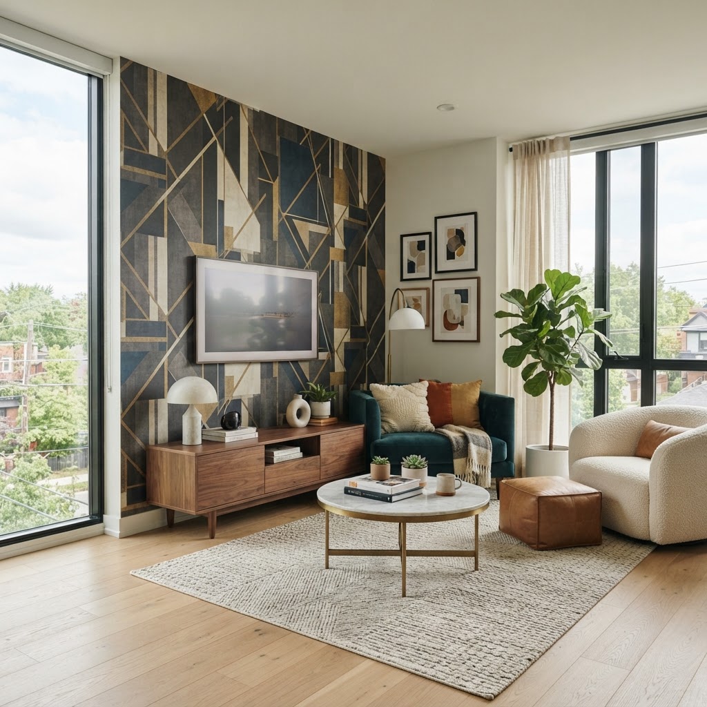 A stunning geometric accent wall created with peel-and-stick wallpaper.