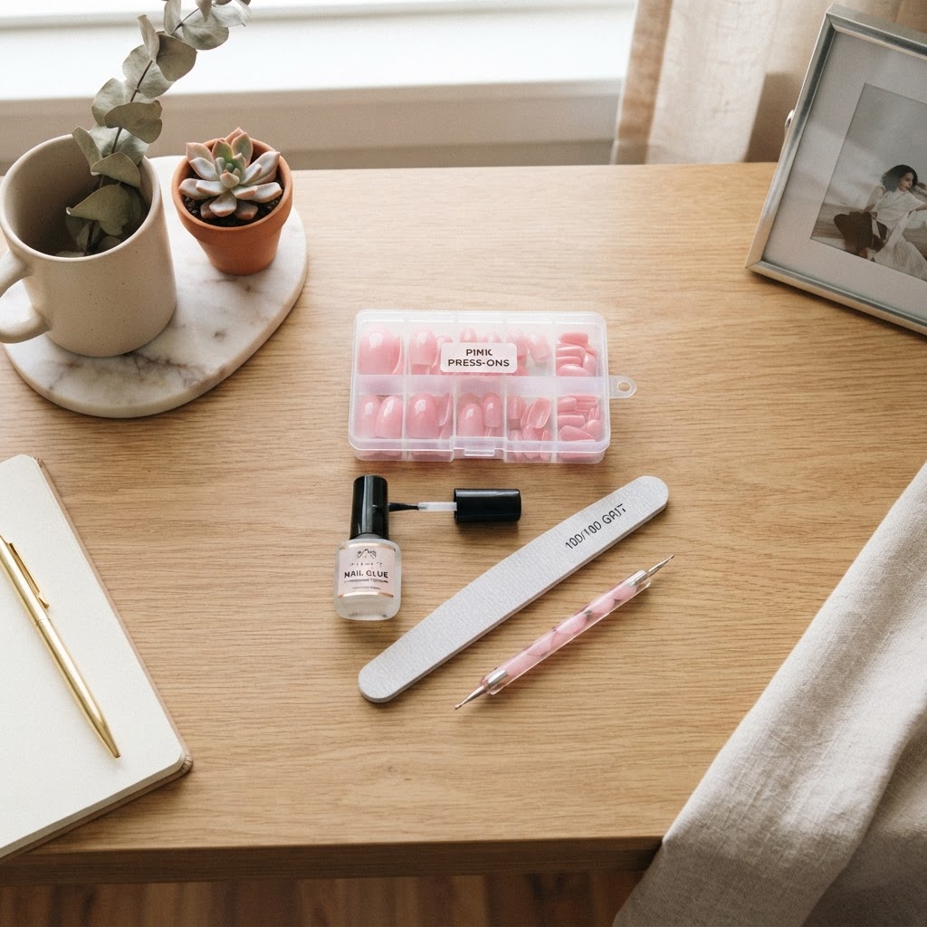 Essential supplies for your at-home press on nail project.