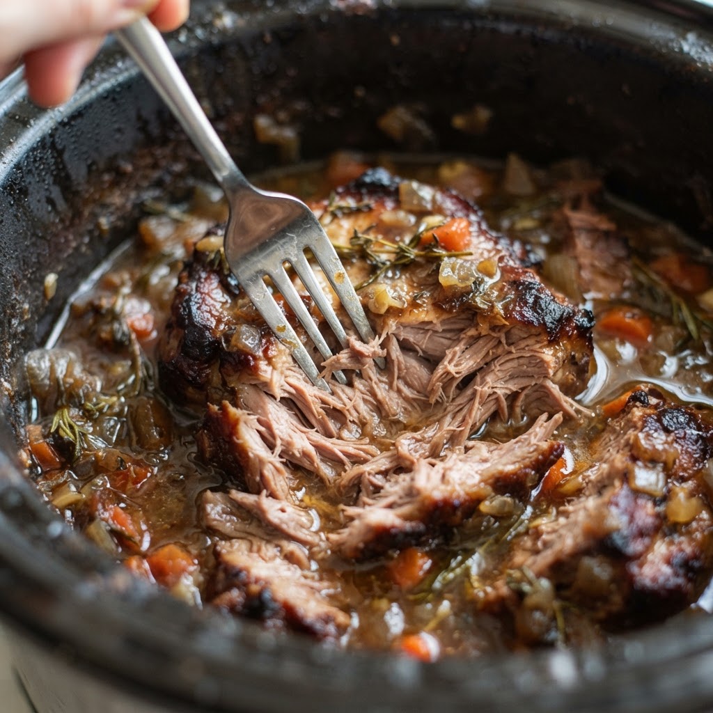 Detailed view showing the tender texture of the meat after slow cooking.