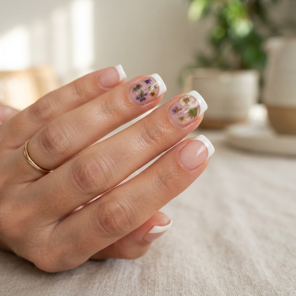 Short square nails provide a clean, modern base for floral nail art designs.