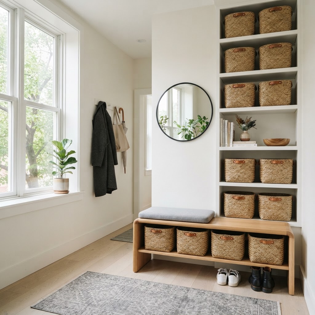 Maximize vertical space with floor-to-ceiling shelves and a bench for hidden storage.
