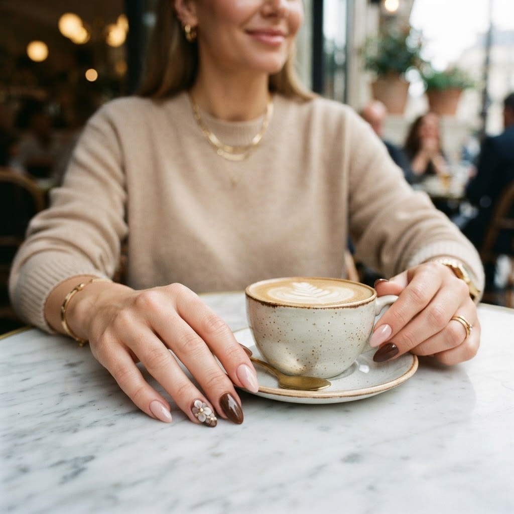 Sophisticated press-on nail look perfect for coffee dates and everyday style.
