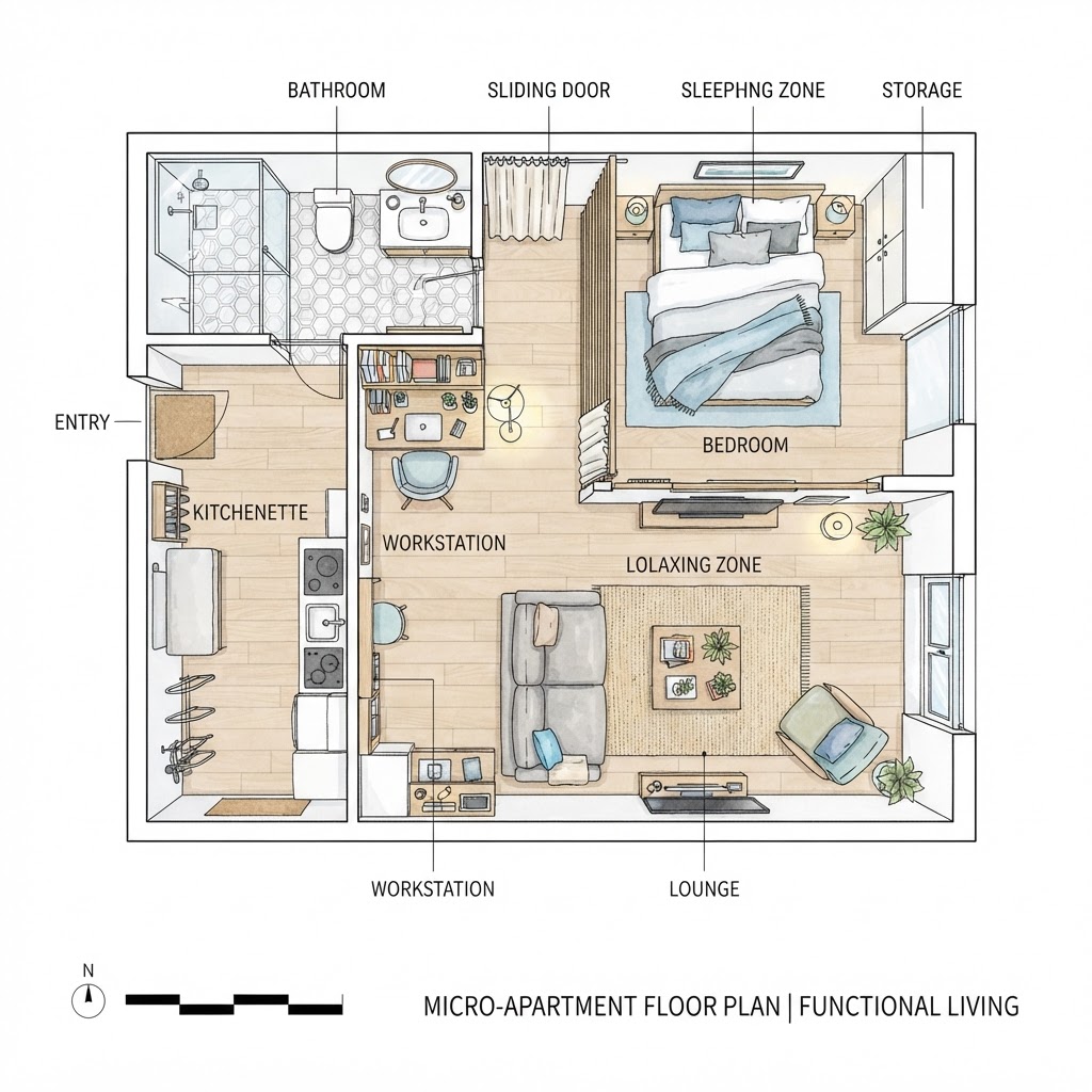 A conceptual floor plan demonstrating how to zone a tiny apartment effectively.