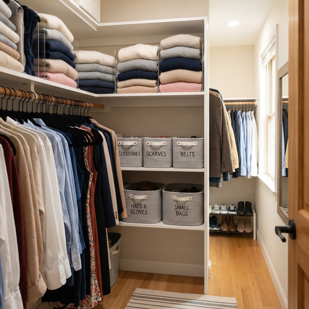 Uniform velvet hangers and acrylic dividers create a clean, modern look.