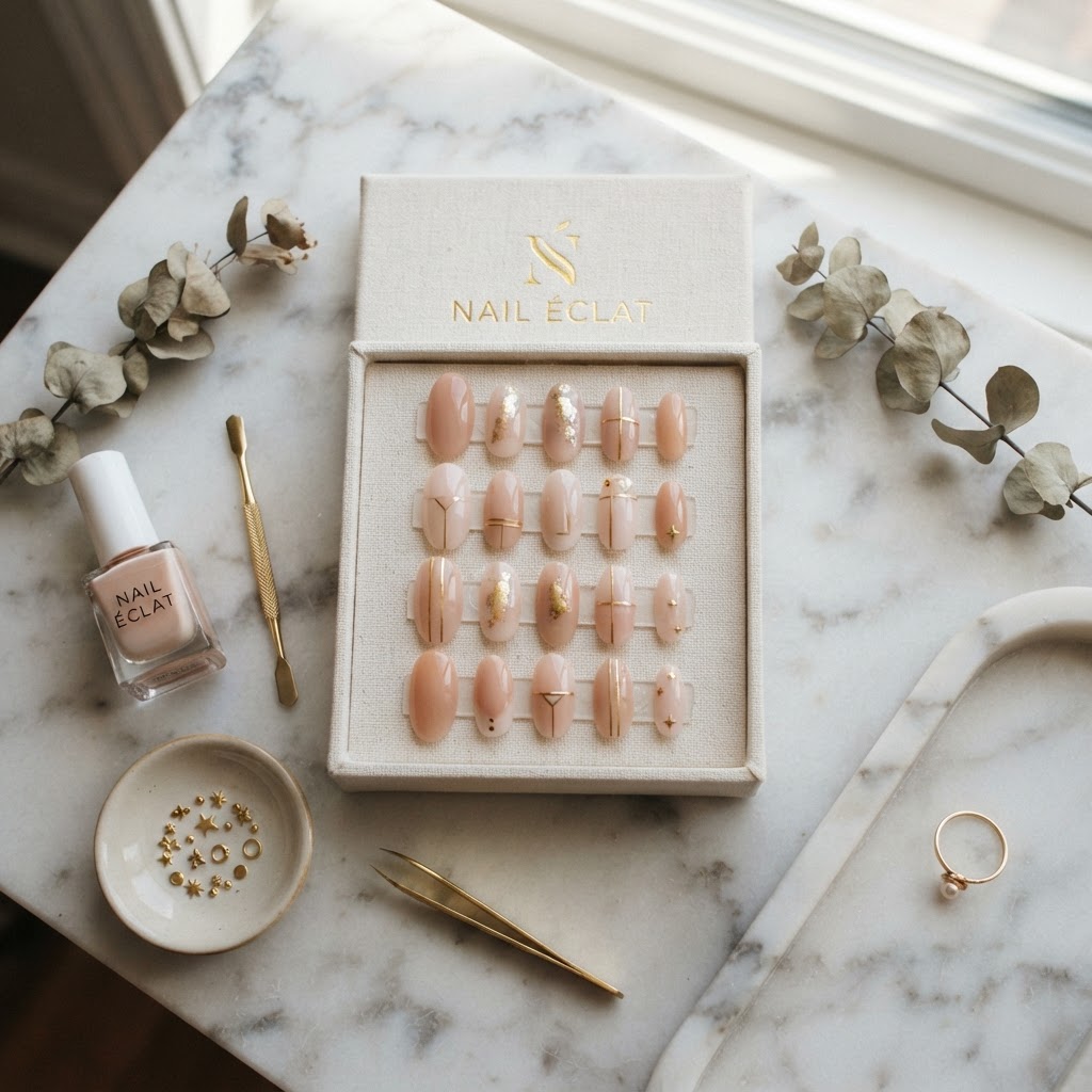 Minimalist nude nail designs featuring gold 3D accessories.