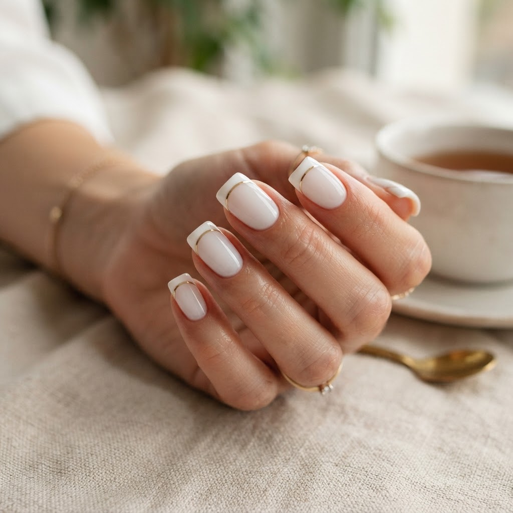 Classic square French tip nails enhanced with luxurious gold chrome detailing.