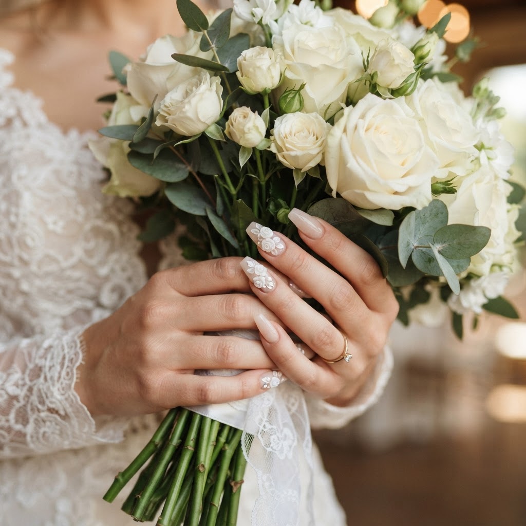 Medium coffin-shaped nails with 3d floral art add a sophisticated touch to your wedding bouquet.