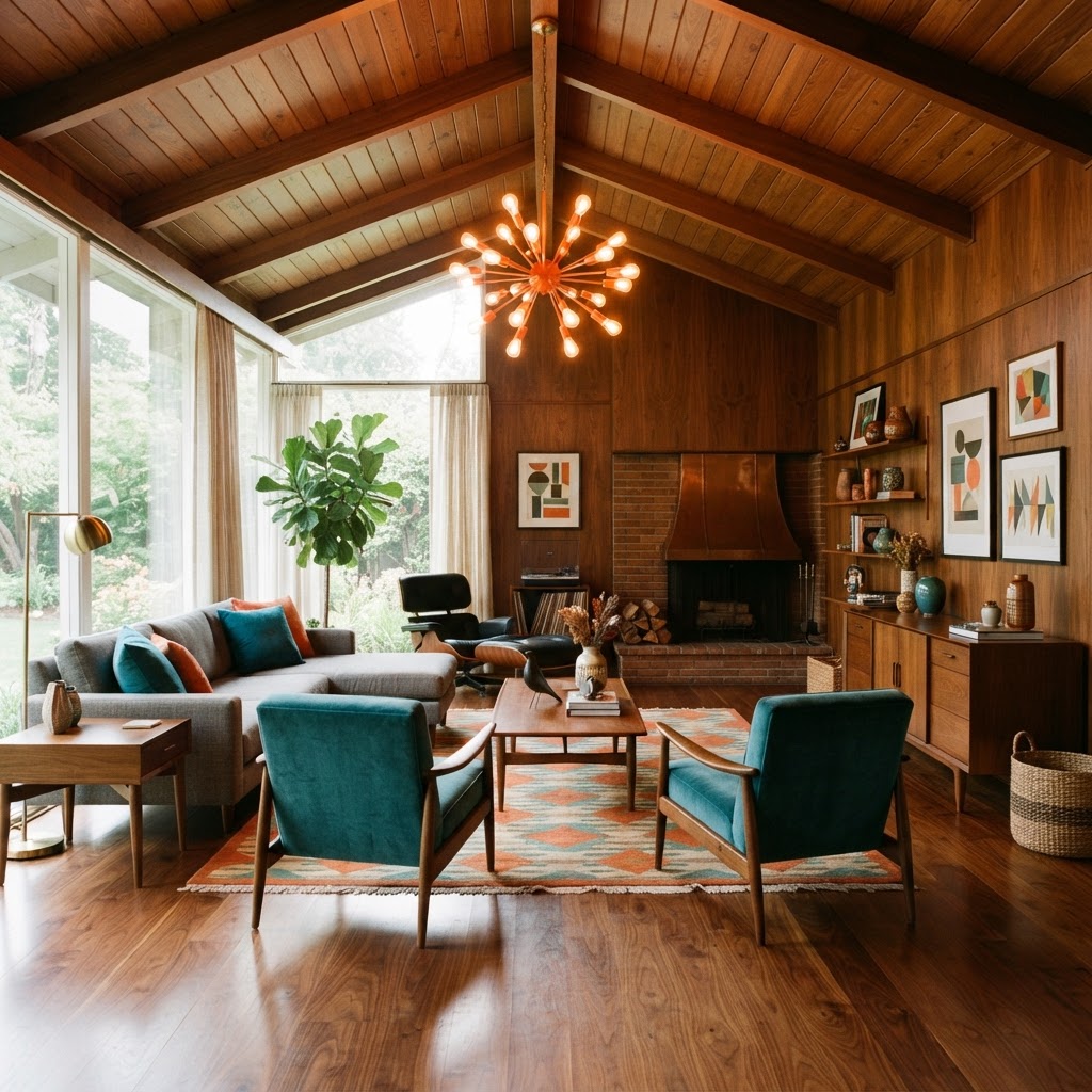 An iconic Sputnik chandelier adds a punch of color to this mid-century living space.