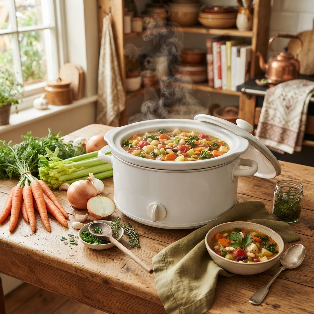 Hearty vegetable soup being prepared in a slow cooker.