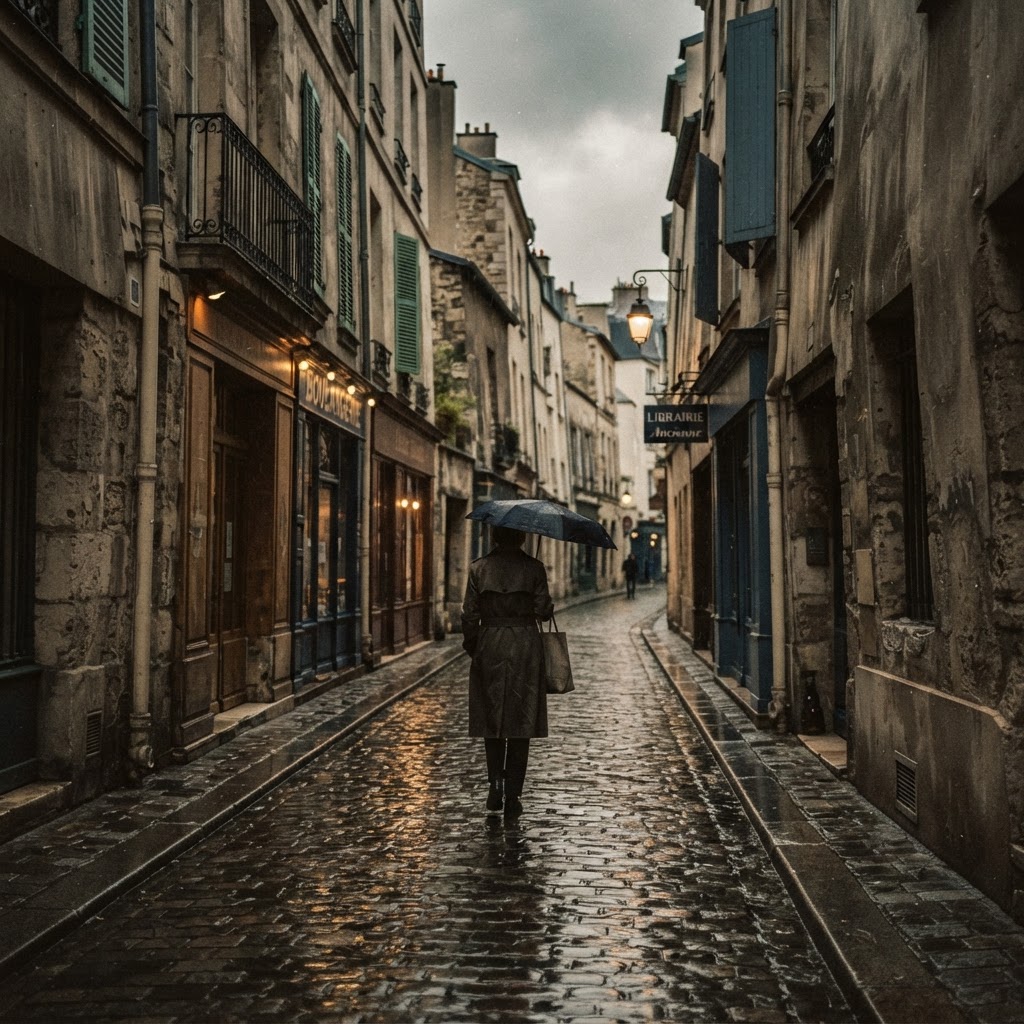 A moody, cinematic moment in a quiet Parisian side street.