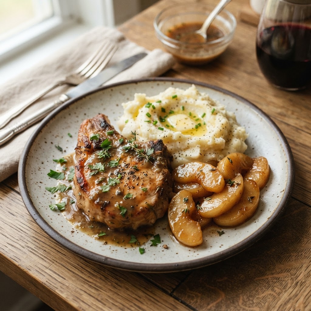 The final, delicious result: tender pork chops with glazed apples.