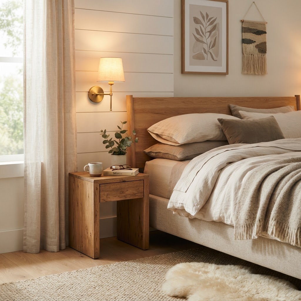 Soft wall sconce lighting creates a hotel-inspired retreat.