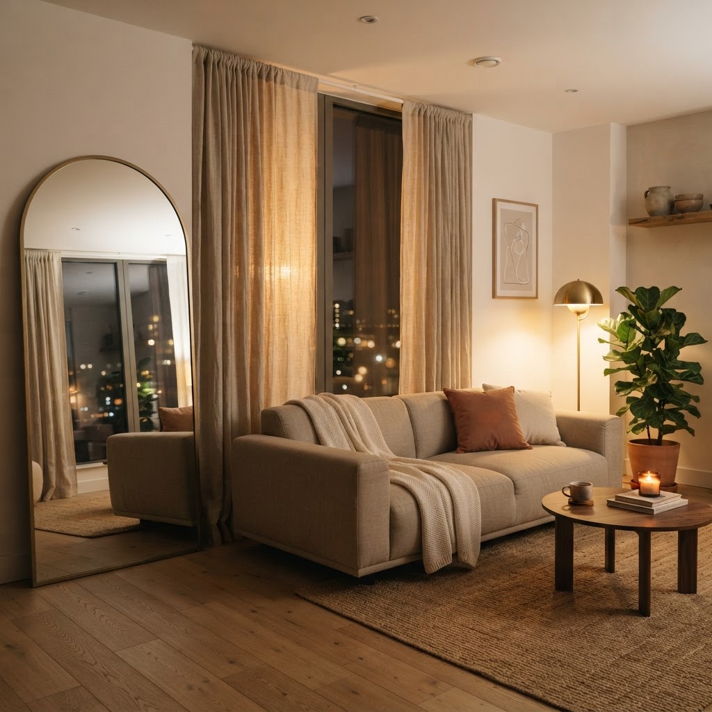 Use curtains and mirrors to maximize light and height.