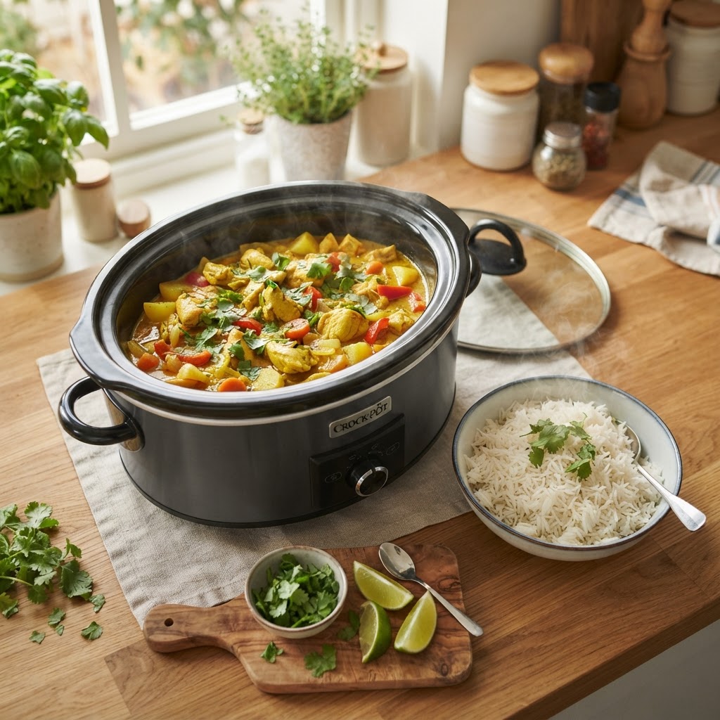 A perfectly cooked slow cooker chicken curry ready to serve.