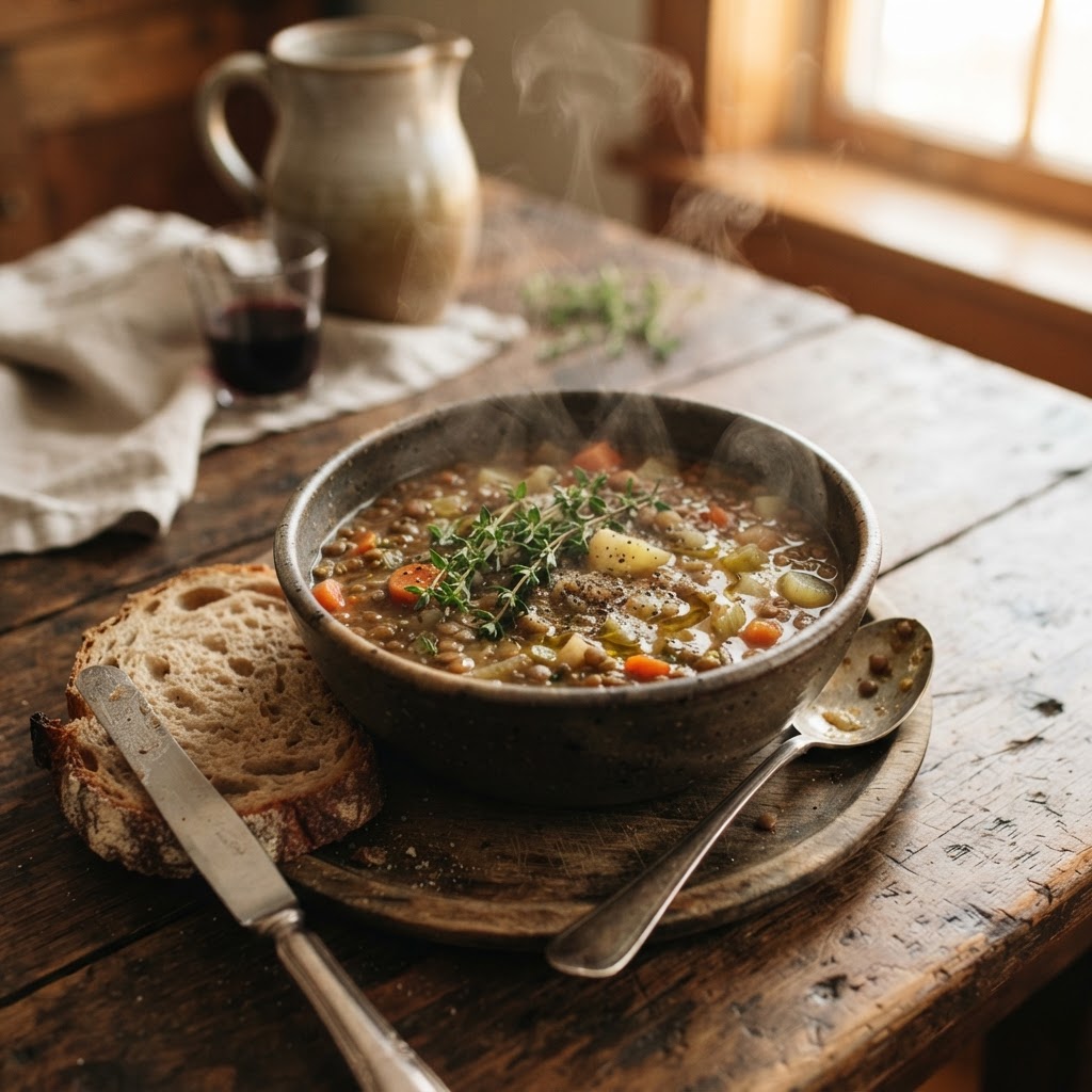 A perfect bowl of healthy slow cooker lentil soup ready to serve.