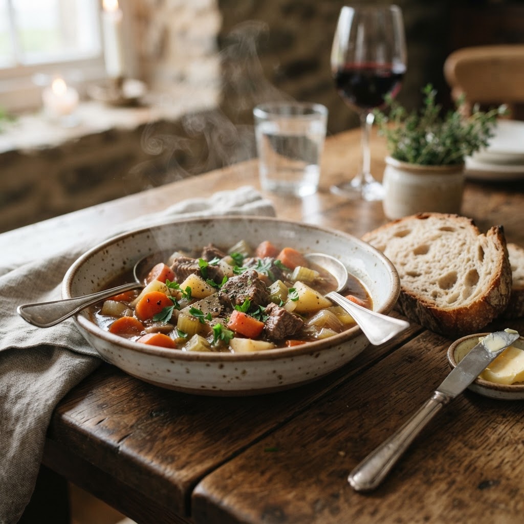 The perfect comfort food: beef stew with crusty bread.