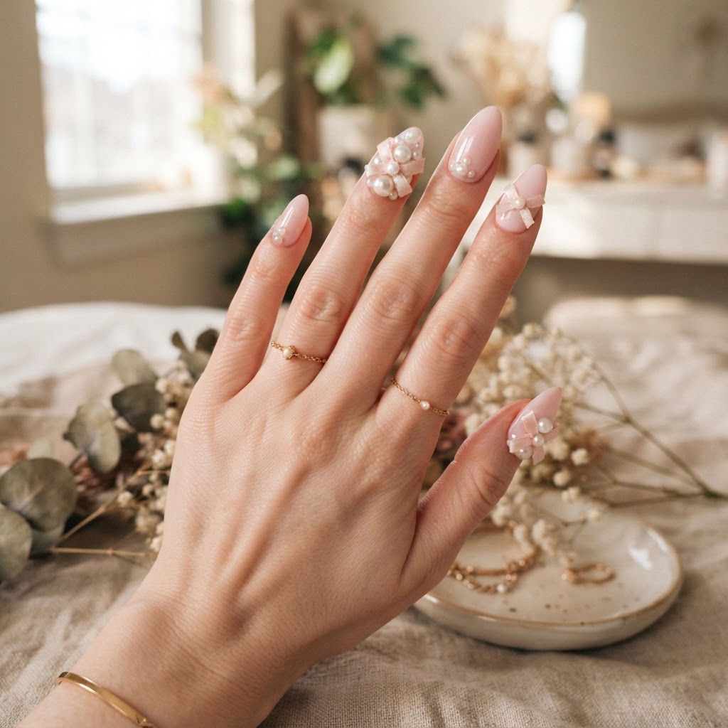 Elegant soft pink pearl and bow press-on nails.