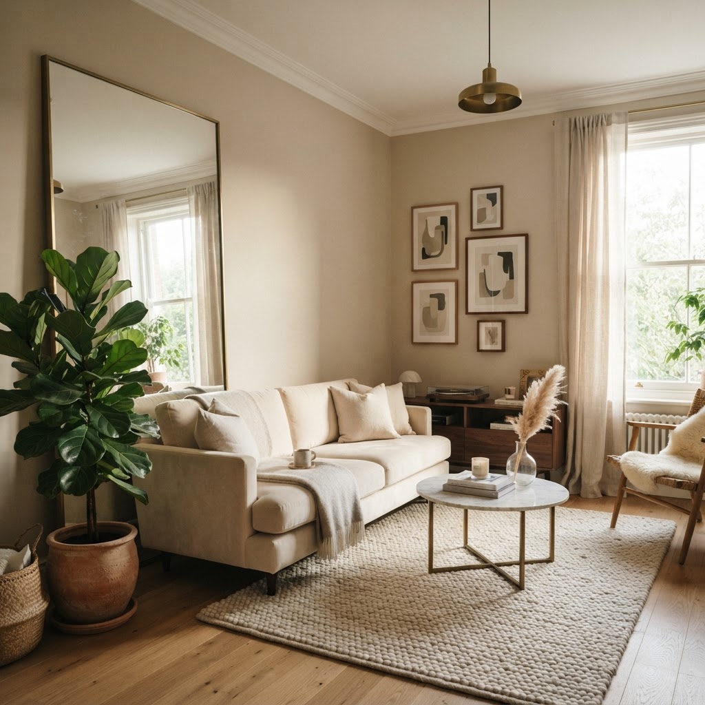 Use neutral tones and large mirrors to open up your small living space.