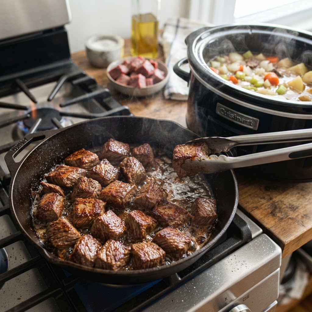Prepping meat for the ultimate slow cooker beef stew.