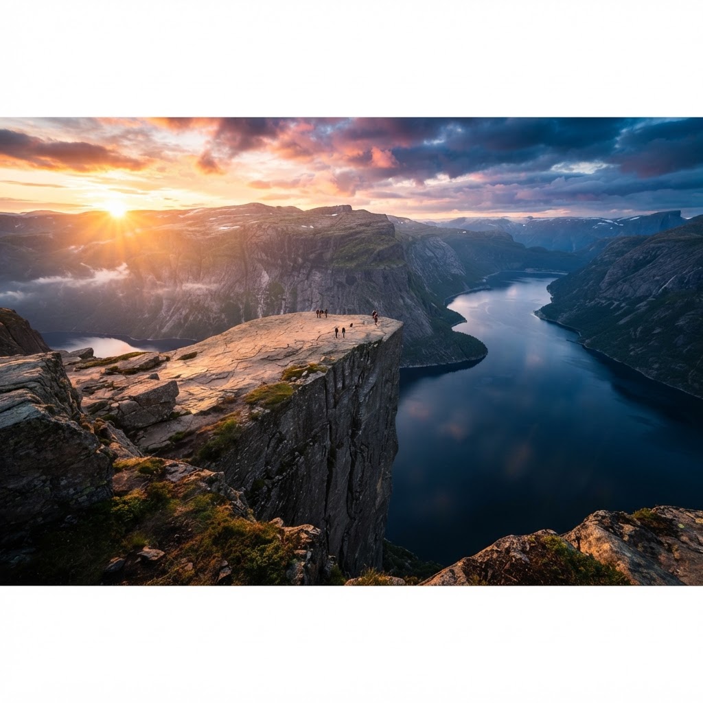 Sunrise at Preikestolen offers a breathtaking view over the Lysefjord.