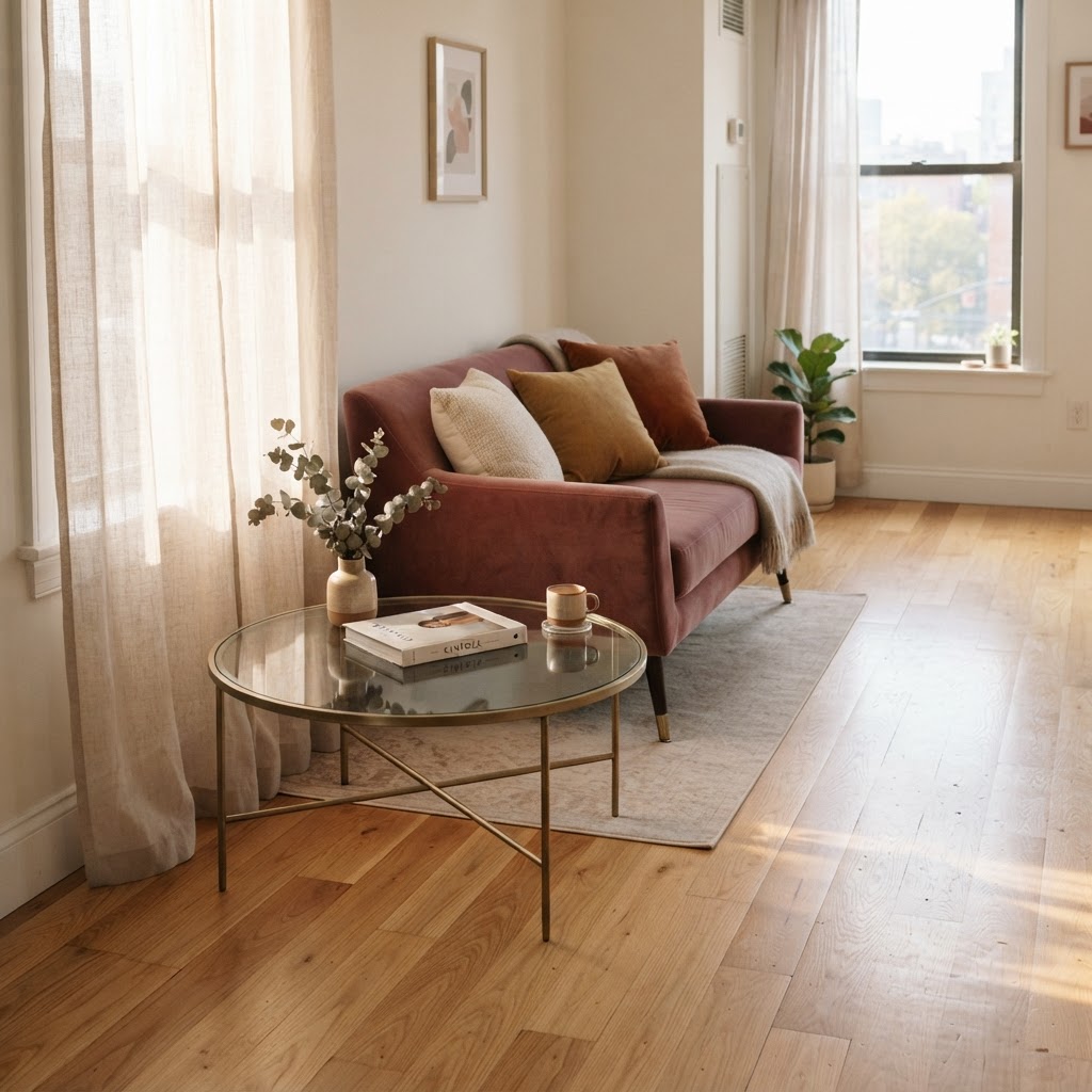 Slim-legged furniture keeps the floor visible, creating an illusion of space.