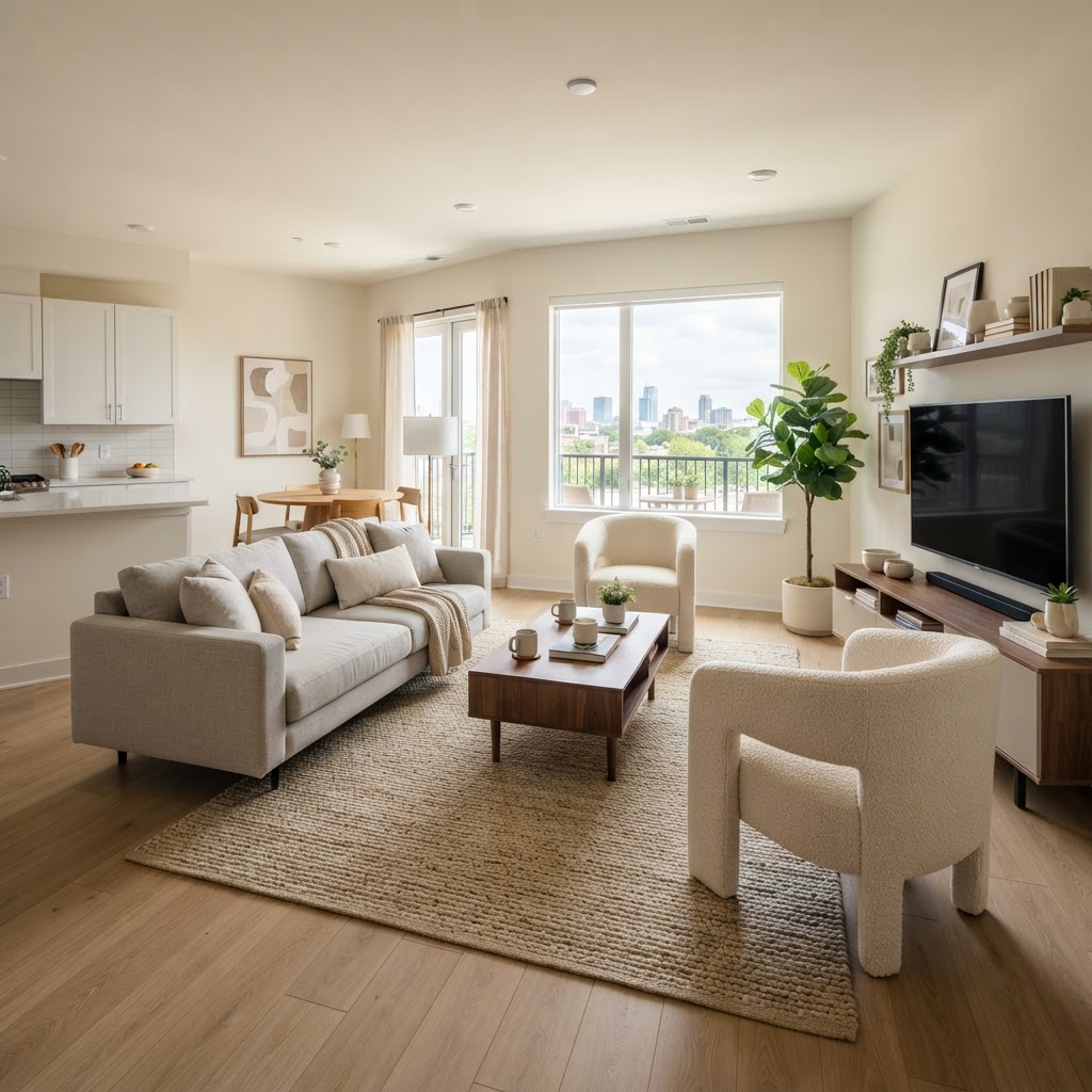 Floating furniture layouts help create a sense of space and custom design.