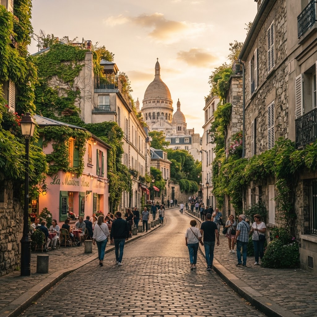 The iconic view of the Sacré-Cœur from the winding cobblestone streets.