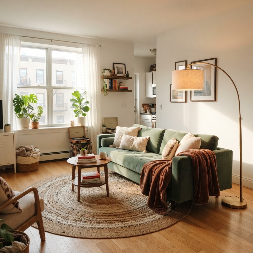 Use layered lighting and textiles to instantly warm up your living space.