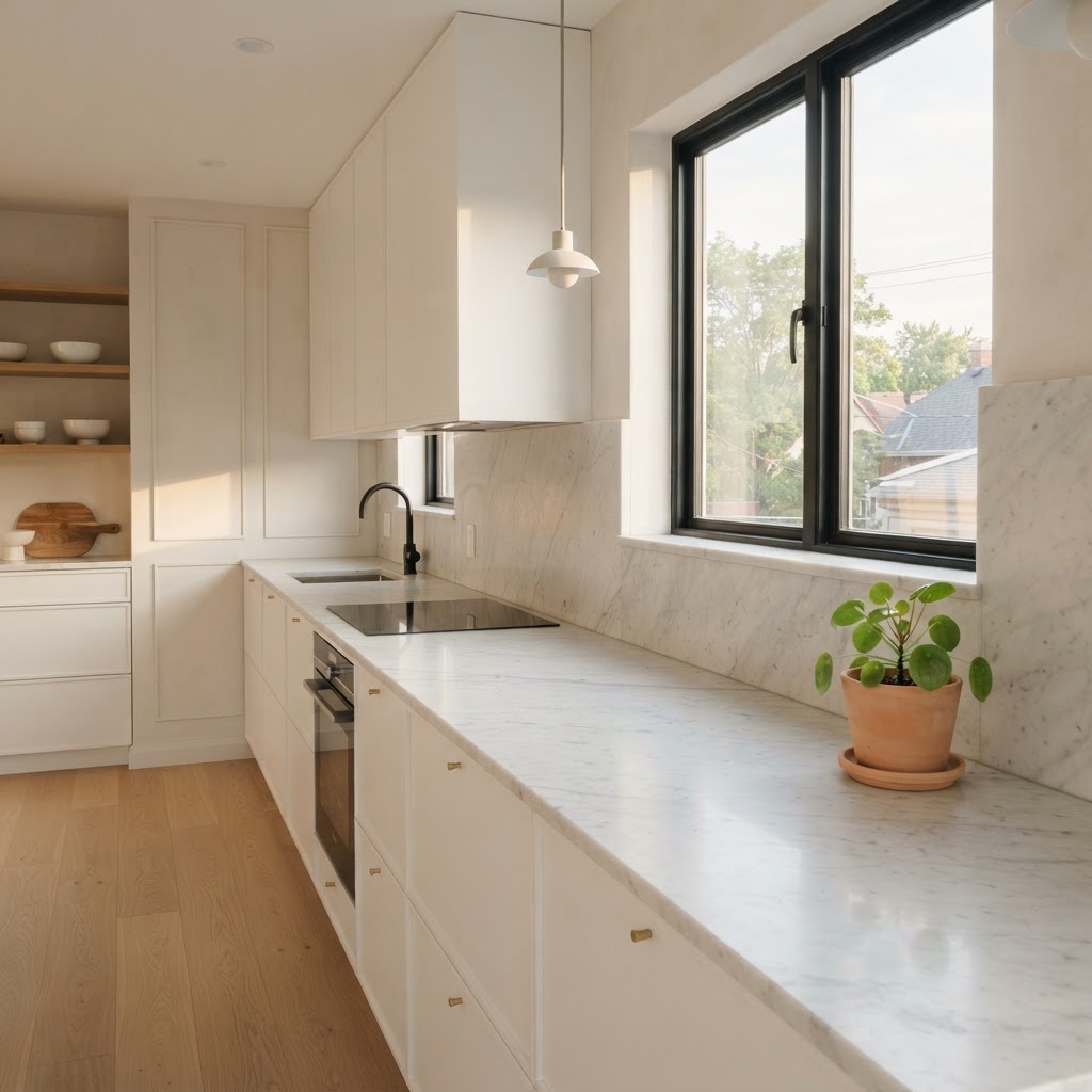 Natural light and neutral textures create a serene and functional cooking area.
