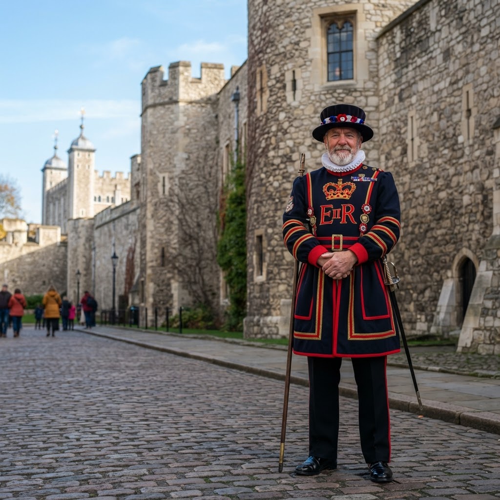 A Yeoman Warder guarding the historic Tower of London.