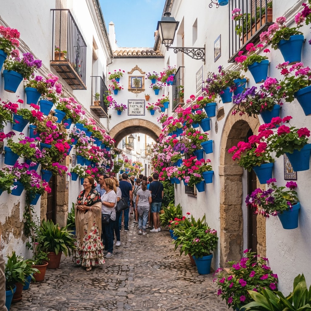 The vibrant floral displays that bring the streets of Cordoba to life during festival season.