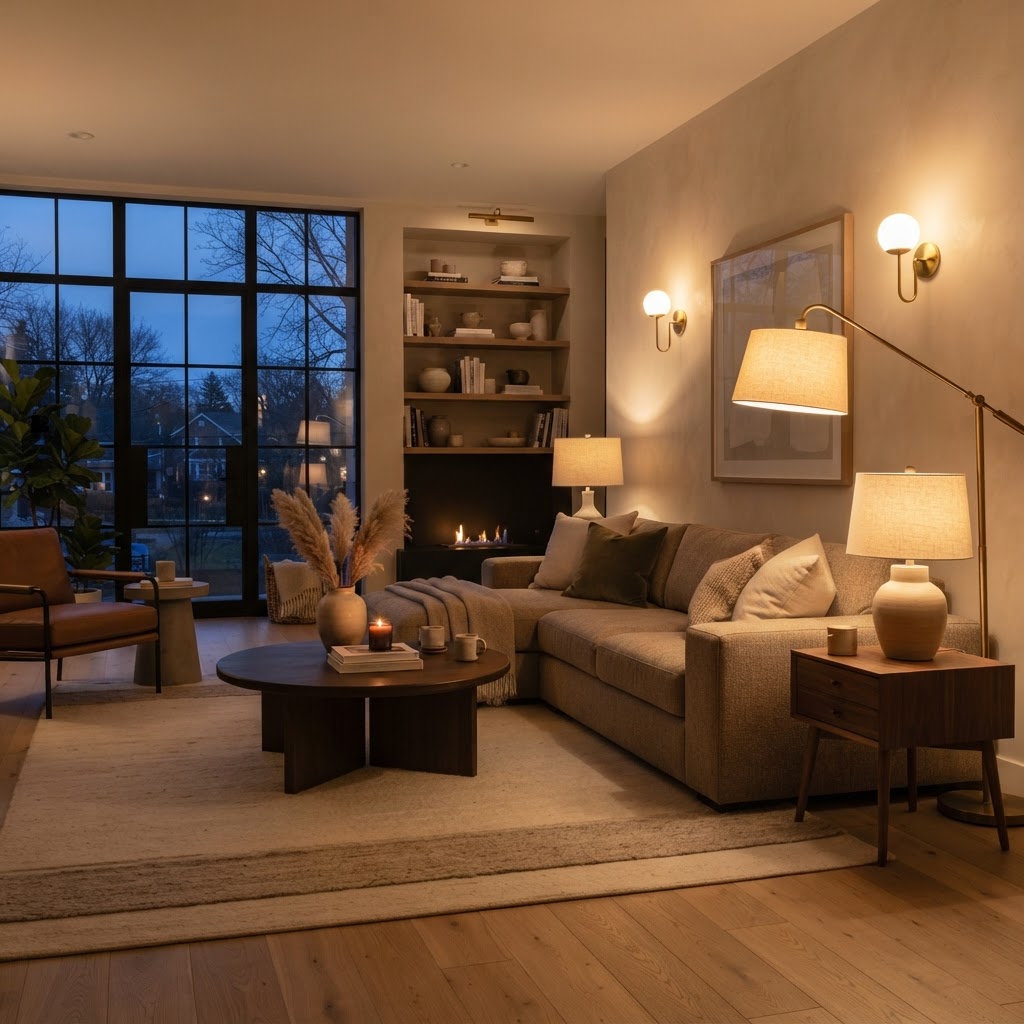 Mastering the mix of floor and table lamps creates depth.