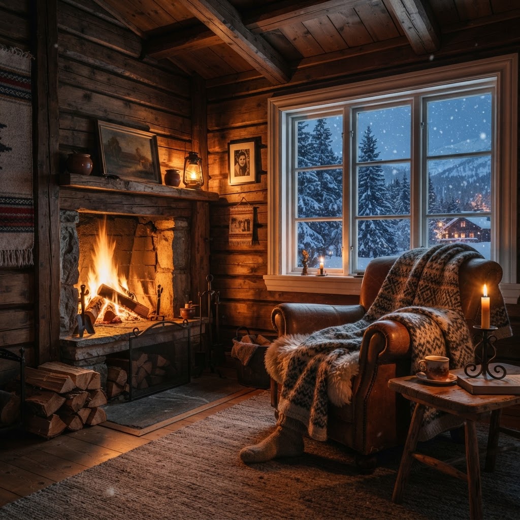 The interior of a traditional Norwegian cabin provides the perfect escape from the winter cold.