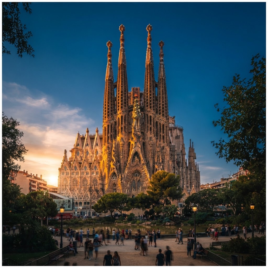 The Sagrada Familia bathed in the warm, ethereal glow of the setting sun.